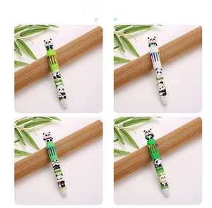 Detail of multi-color cartoon panda pens showing assorted barrels and 3D panda toppers