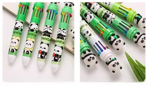 Detailed close-up of 10-color panda ballpoint pen with 3D cartoon panda topper decoration