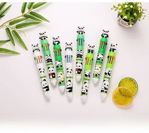 Macro shot of 10-color panda multi-color pens with 3D toppers and cartoon illustrations