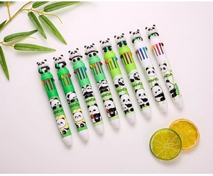 Flat lay of 8 cute panda-themed 10-in-1 multicolor pens with silicone panda toppers