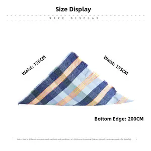 Size chart showing 200cm length of a colorful plaid triangle scarf with frayed edges