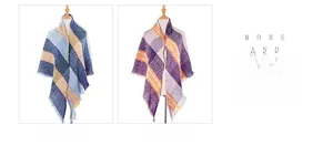 Detail of plaid scarves with fringe trim in blue and purple color block patterns