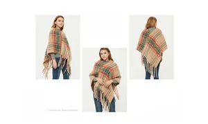 Three views of a plaid mohair-like tassel poncho showing front, side, and back fit