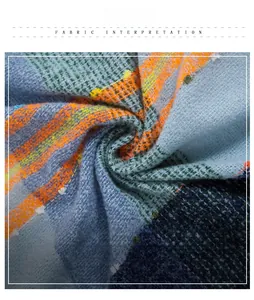 Close-up of soft plaid scarf fabric showing multi-color loop yarn and fuzzy texture