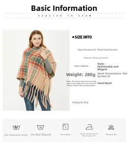 Detail of checkered mohair-like poncho showing red and green plaid patterns with tassels