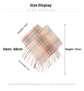 Size chart showing height 75cm and 15cm tassel length for plaid mohair-style poncho