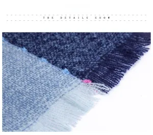 Close-up of blue plaid scarf fabric showing fuzzy texture and colorful speckled yarn details