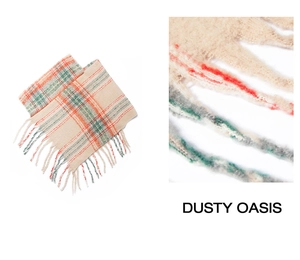 Detail view of plaid mohair tassel scarf in beige with orange and green grid pattern