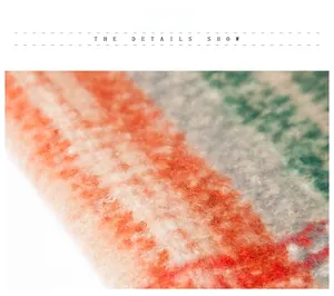 Macro shot of faux mohair poncho texture showing colorful plaid yarn and fringe details