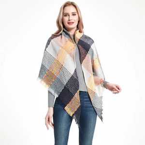 Classic plaid tassel shawl scarf for women in grey, mustard, and navy winter style