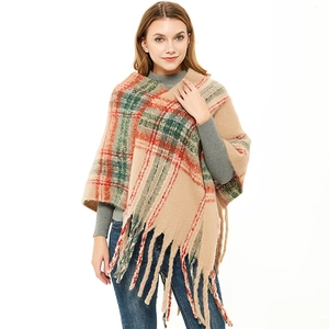 Women's faux mohair plaid poncho with fringe tassels in camel and red grid pattern