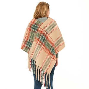 Women's vintage plaid poncho with fringes in beige red and green mohair style