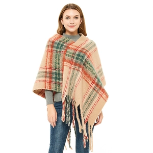 Classic British plaid poncho with red and green checks and long fringe hem for women
