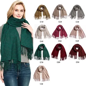 Women's plaid tassel scarf in autumn green and classic cashmere-like grid pattern