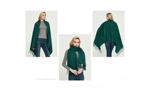 Close-up of green and black plaid scarf featuring soft fringe and thick cashmere feel