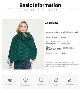 Detailed product specs of green checkered scarf with fringe, 180x70cm, 210g weight