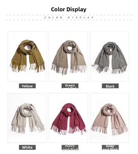 Detail showing various colors of grid pattern scarves with fringe on white background