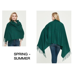 Detail of green and black plaid knit scarf with long tassels shown on a model