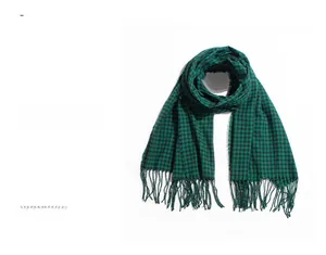 Detail of green and blue checkered scarf showing fabric texture and tassel fringe