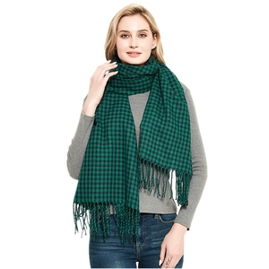 Extra large green and black plaid cashmere-feel scarf with fringe tassels for women