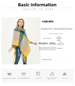 Detailed specs for thick plaid poncho with long tassels and multicolor pattern