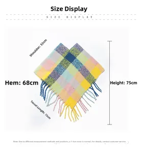 Detailed size chart for multi-color plaid knit poncho with fringe showing measurements