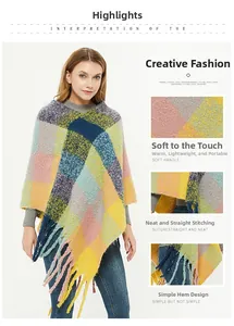 Detail of colorful plaid poncho showing soft knit texture, tassels, and straight stitching