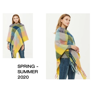 Detailed view of multicolor plaid knit poncho featuring long fringe trim and a soft texture