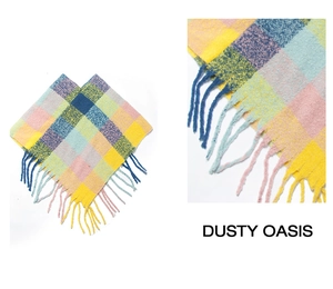 Detail of colorful plaid poncho with long tassels and soft boucle knit texture
