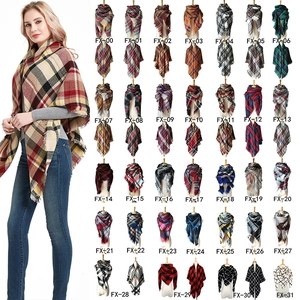 Soft checkered cashmere-like scarf shawl for women with fringe in 32 color patterns