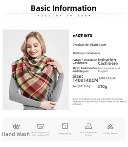 Detail of red and camel plaid cashmere-like scarf with soft fringe and 140x140cm dimensions