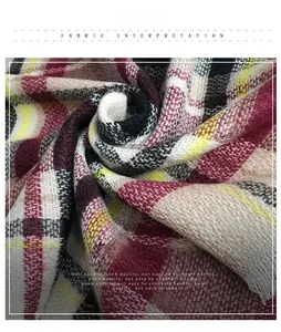 Close-up of soft plaid cashmere-like fabric with red and white woven grid texture