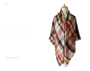 Macro detail of plaid cashmere-like scarf showing texture and fringe on mannequin