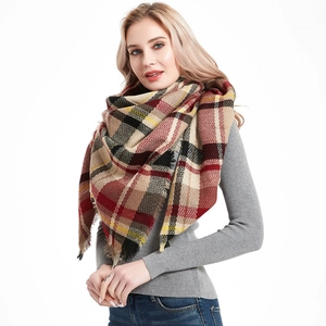 Women Vintage Plaid Scarf Soft Acrylic Cashmere Like Oversized Square Shawl With Tassels Warm Winter Wrap Fashion Grid Cape