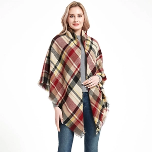 Retro plaid cashmere-feel scarf with classic red and beige checks and fringe detail
