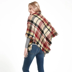 Classic red plaid cashmere-feel oversized shawl with tassels for women winter fashion