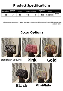 Detailed dimensions of 17cm sequin evening bag with pearl handle and chain strap