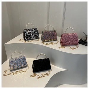 Sparkly sequin mini flap bags with pearl handles and chain straps in five chic colors