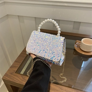 Sparkly sequin mini flap bag with pearl handle and gold chain strap for women