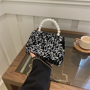 Elegant sequined evening handbag for women with pearl handle and golden chain strap