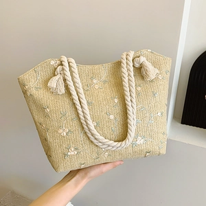 Sac Cabas En Paille Tissée Broderie Florale Grande Capacité Sac À Main Anse En Corde De Coton Boho Plage Sac À Épaule