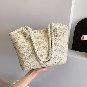 Sac fourre-tout tissé à grande capacité avec broderie florale et anses en coton