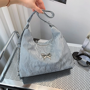 Women Pleated PU Leather Shoulder Bag With Metal Butterfly Ornament And Chain Detail Versatile Underarm Hobo Bag