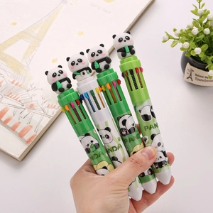 Set of four panda-themed ten-color retractable ballpoint pens with cartoon 3D toppers