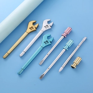 Creative plastic wrench and screwdriver pens in vibrant metallic finishes on blue background