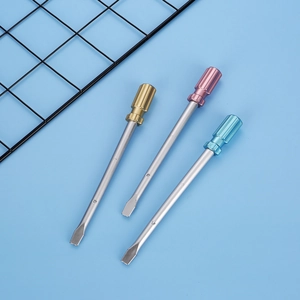Detail of three creative wrench-shaped pens with textured grips in gold, purple, and blue