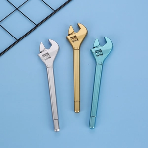 Detailed view of creative wrench-shaped pens in gold, silver, and blue on a blue background