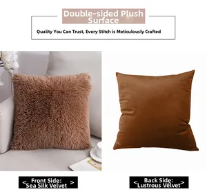 Detail showing plush long-hair sea velvet front and smooth velvet back on brown pillow cover