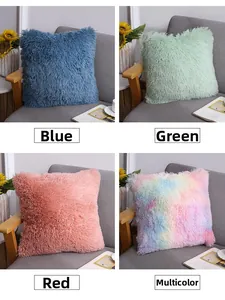 Detail showing plush faux fur pillow covers in blue, green, pink, and rainbow colors