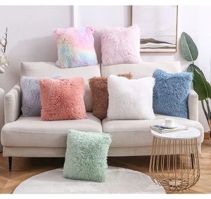 Detailed view of colorful plush pillow covers in rainbow and solid tones on a sofa